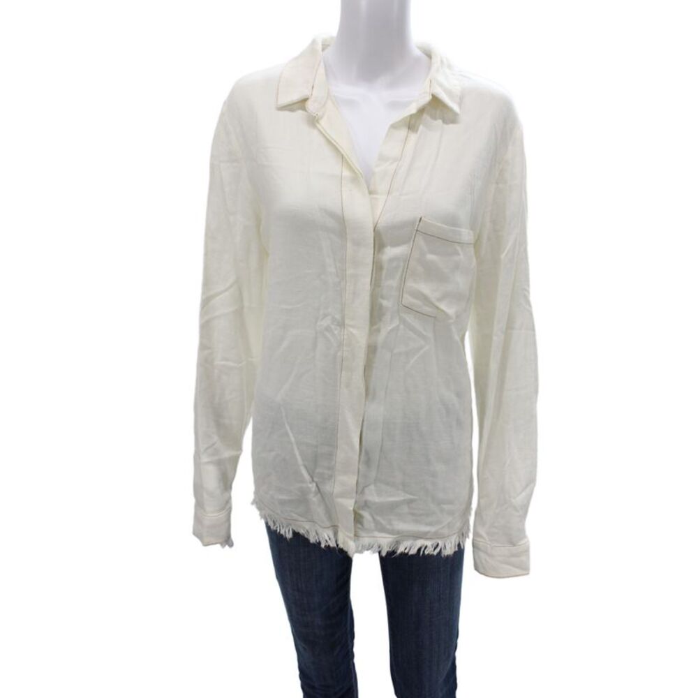 Porter Women Basic Button-Up Collared Ivory Linen Long Sleeve Size M